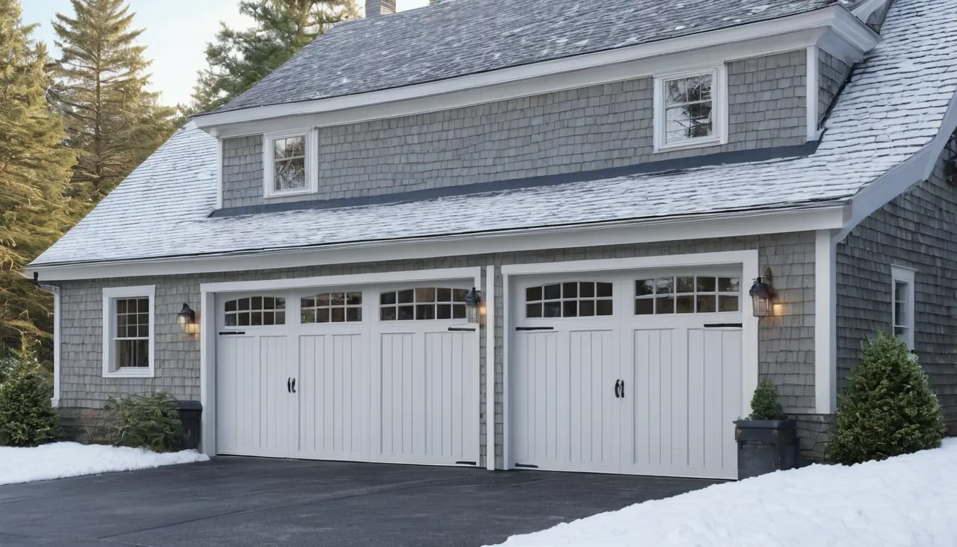 A residential garage door in Bristol on a cold winter morning with a light dusting of snow